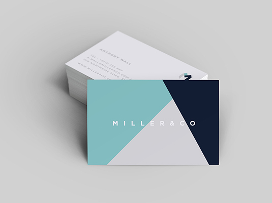 a modern design card comes in mixed colors mint green, white and dark blue in order where the company name is written capital letters:MILLER&CO 